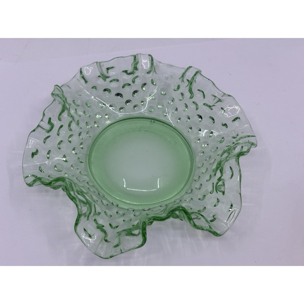 Vintage Fenton Green Hobnail Crimped Glass Bowl Mint Green